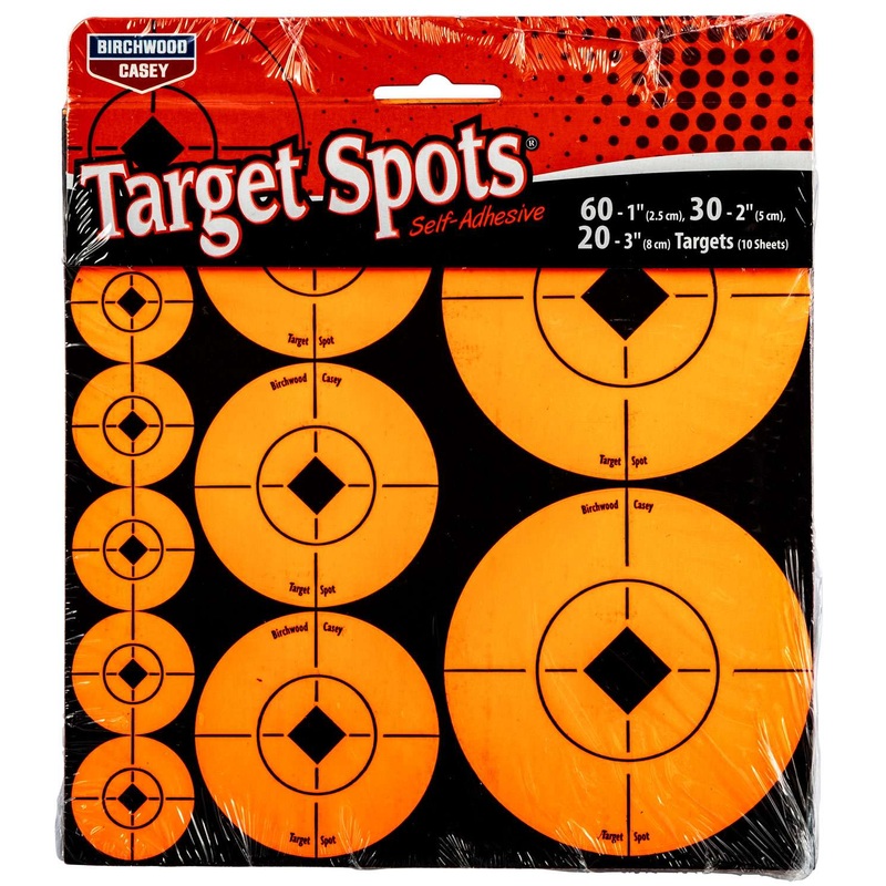 Birchwood Casey Target Spots Self-Adhesive Paper Bullseye Black Target Paper W/Orange Target 60-1"/30-2"/20-3"